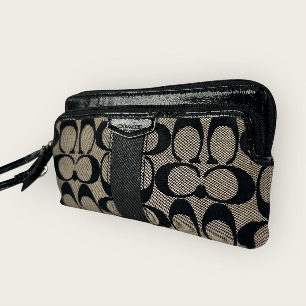 Coach Double Zip Large Signature Black and Tan Wristlet Clutch - Picture 2 of 9